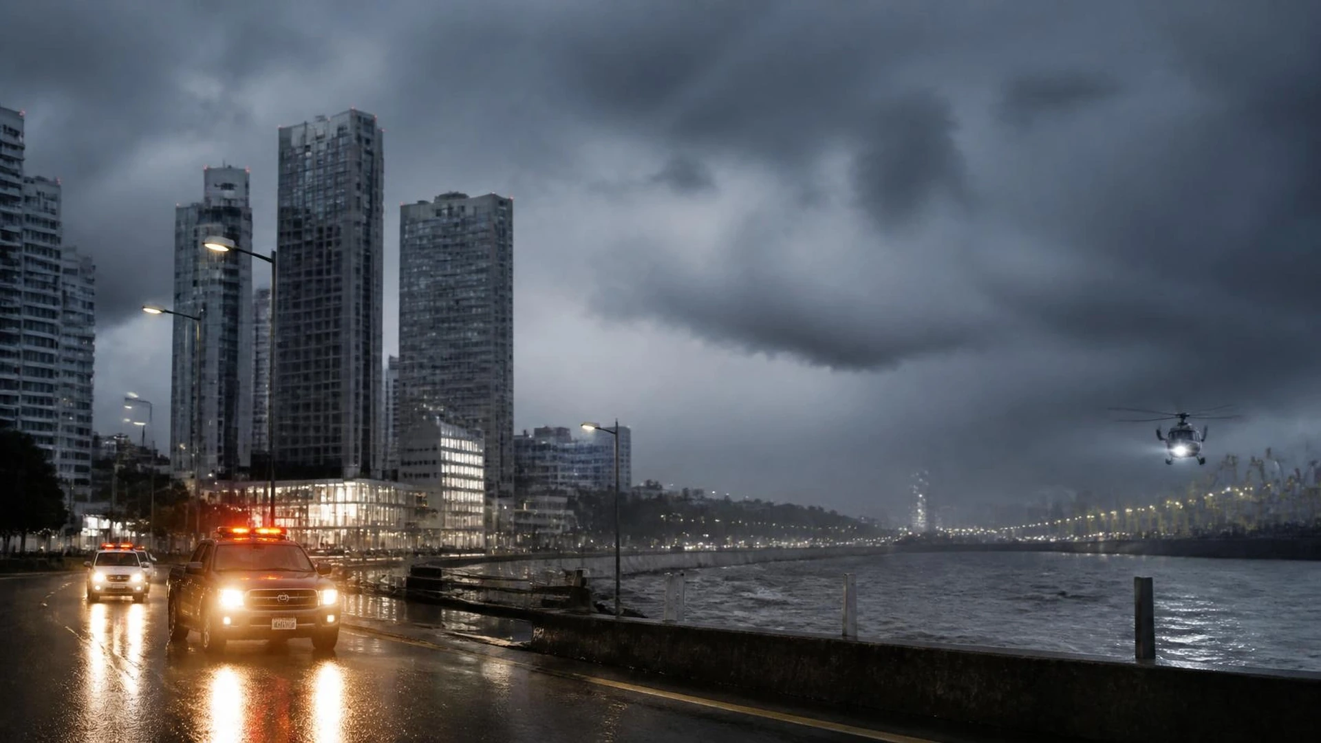 Escena de tormenta sobre una ciudad, con equipos de emergencia en un acceso costero